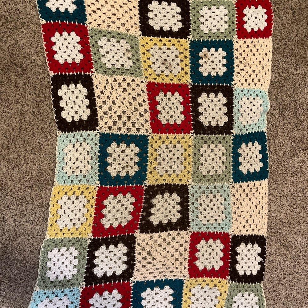 Vintage Afghan Crochet Blanket. Colorful Squares “flower” Pattern Approx 31x46